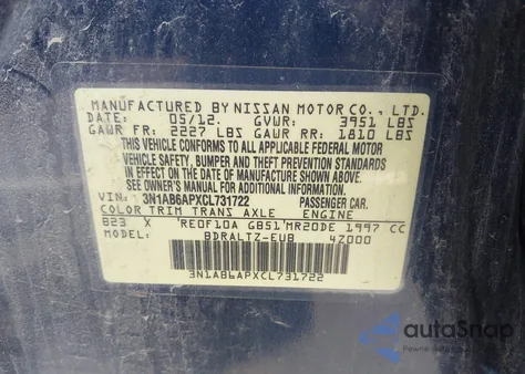 2012 Nissan Sentra 2.0/2.0S/Sr/2.0Sl z USA, uszkodzony, nr VIN 3N1AB6APXCL731722